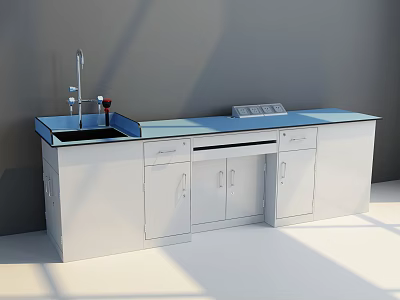 Practical Functional Table With Blue Countertop Faucet Drawers And White Storage Cabinets 3d model