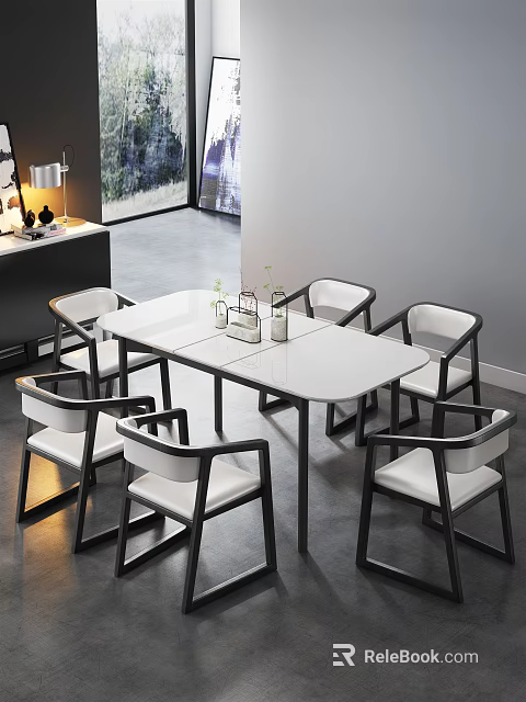 Modern Dining Table Set With White Tabletop Black Frame And Six White Cushioned Chairs 3d model 
