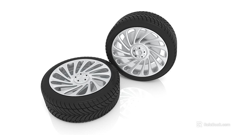 Two Modern Car Tires With Silver Alloy Wheels And Tread Pattern Design 3d model 