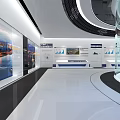 Modern Circular Exhibition Hall with Blue Ceiling Glass Walls and Display Platform
