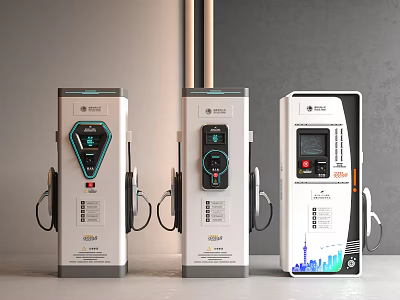 Three Modern Public Electric Vehicle Charging Stations With Digital Screens And Charging Ports 3d model