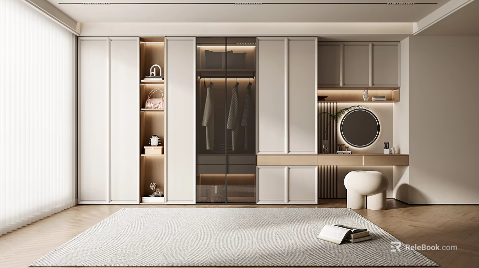 Modern Wardrobe Interior Design With Glass Doors Hanging Clothes Storage Shelves And Mirror 3d model 