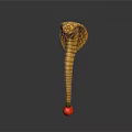 Golden Cobra With Striped Body Flattened Head And Red Ball Base On Dark Background