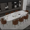 Elegant Modern Dining Table Set With Marble Top And Brown Chairs On Beige Rug