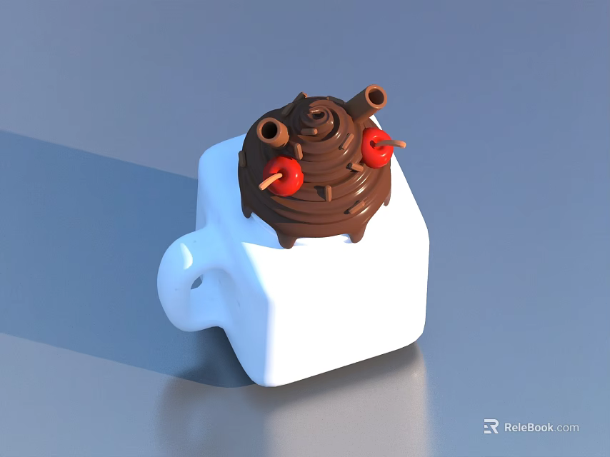 White Square Cup Topped with Chocolate Swirl and Red Cherries on Toothpicks 3d model 