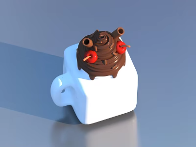 White Square Cup Topped with Chocolate Swirl and Red Cherries on Toothpicks 3d model