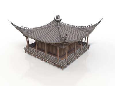 Traditional Chinese Pavilion Featuring Curved Eaves Tiled Roof And Wooden Platform Base 3d model