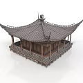 Traditional Chinese Pavilion Featuring Curved Eaves Tiled Roof And Wooden Platform Base