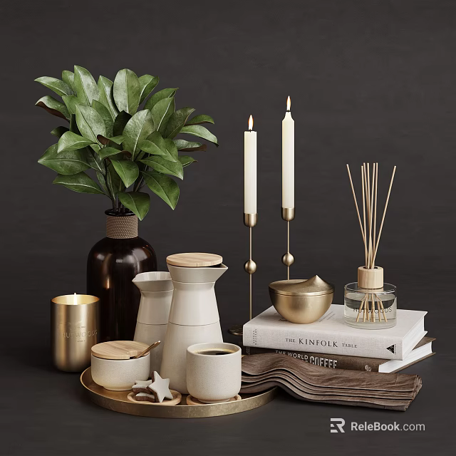 Decorative Ornament Set With Green Plant Candles Diffuser Ceramic Containers And Books For Home Decor 3d model 