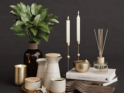 Decorative Ornament Set With Green Plant Candles Diffuser Ceramic Containers And Books For Home Decor 3d model