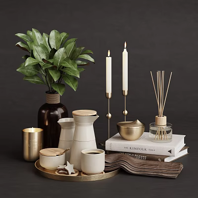 Decorative Ornament Set With Green Plant Candles Diffuser Ceramic Containers And Books For Home Decor 3d model