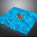 Small Wooden Platform In Blue Water With Red Clothed Figure And Rocket Structure