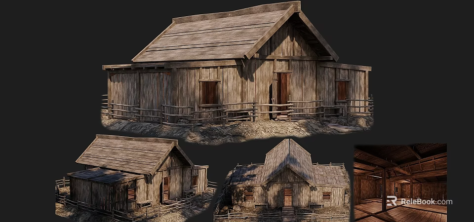 Ancient Wooden Building with Traditional Roof and Wooden Fence Structure Design 3d model 