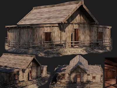 Ancient Wooden Building with Traditional Roof and Wooden Fence Structure Design 3d model
