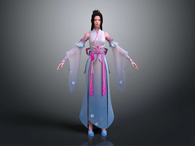 Ancient Style Female Character In Traditional Light Blue Dress With Pink Sash And Transparent Sleeves 3d model
