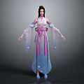 Ancient Style Female Character In Traditional Light Blue Dress With Pink Sash And Transparent Sleeves