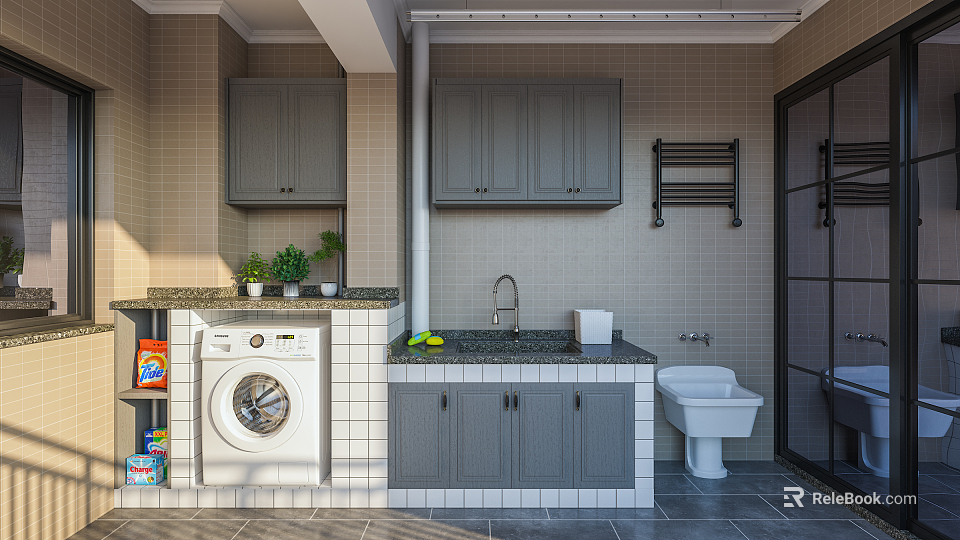 Functional Villa Balcony With Washing Machine Toilet Gray Cabinets And Potted Plants 3d model 