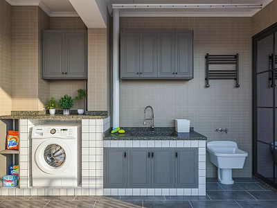 Functional Villa Balcony With Washing Machine Toilet Gray Cabinets And Potted Plants 3d model