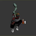 Squatting Character Wearing Green Hat Red Mask with Floating Green Biomorphic Creature and Drink Bottles