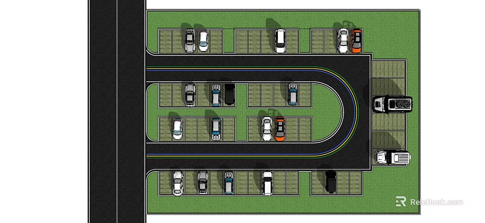 Organized Parking Lot Layout With Parked Cars Curved Driveway And Green Areas 3d model 