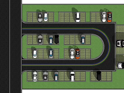 Organized Parking Lot Layout With Parked Cars Curved Driveway And Green Areas 3d model