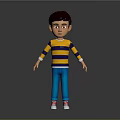 Child 3D Character With Brown Hair Yellow Blue Striped Shirt Blue Pants Red Sneakers