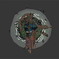 Cartoon Scene with Fantasy Wooden Cottage on Green Base and Flying Birds Around Ropes Pulleys