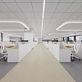 Spacious Public Office Space With White Partitions Computers Long Corridor And Ceiling Light Strips