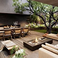 Modern Courtyard Garden with Wooden Deck Dining Table Fireplace Sofa and Lush Plants