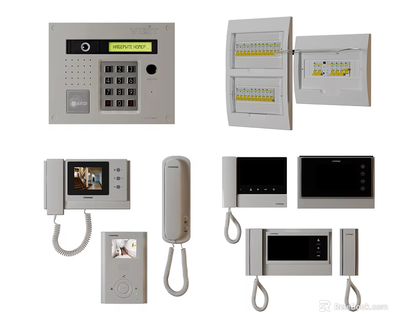 Various Types of Doorbell Systems Featuring Indoor Outdoor Units Display Screens and Keypads 3d model 