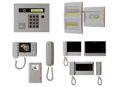 Various Types of Doorbell Systems Featuring Indoor Outdoor Units Display Screens and Keypads 3d model