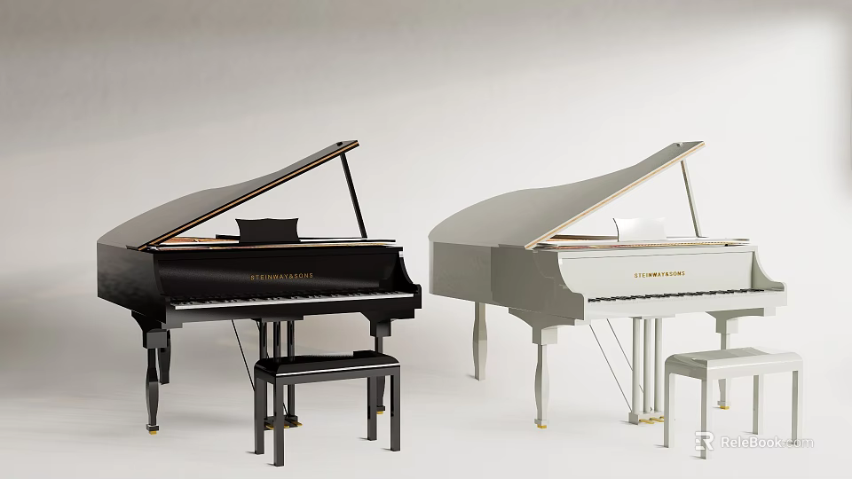 Black And White Grand Pianos With Matching Stools In Studio 3d model 