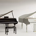 Black And White Grand Pianos With Matching Stools In Studio