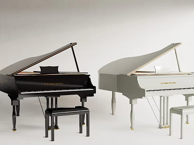 Black And White Grand Pianos With Matching Stools In Studio 3d model