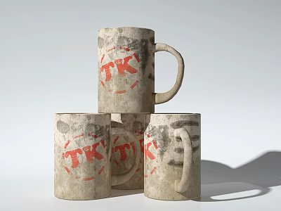 Vintage Off White Mugs With Red TK Letters And Distressed Finish 3d model