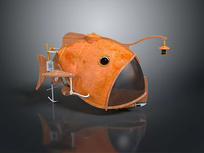 Unique Orange Fish Shaped Object Featuring Transparent Dome Lamp And Small Table Stand 3d model