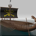 Wooden Pirate Ship With Black Sails Skull Crossbones Rowing Oars And Ornate Prow