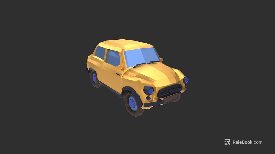 Yellow Low Poly Style Small Cartoon Car With Simple Design And Blue Windows 3d model 