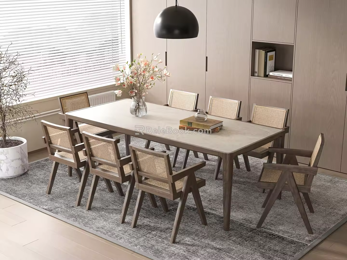 Quiet Dining Table and Chair Combination Restaurant Chandelier 3d model
