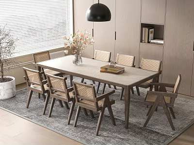 Modern Wooden Dining Table Set With Chairs Vase Flowers Book And Pendant Light On Rug 3d model
