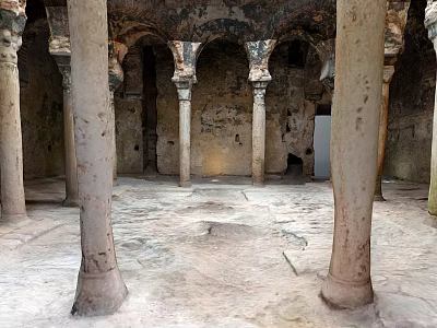 Ancient Historical Stone Structure Interior Featuring Stone Pillars Arched Design And Old Stone Floor 3d model