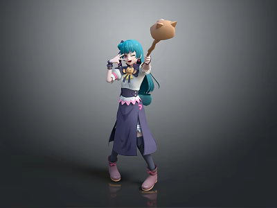 Anime Style Game Character With Teal Hair Purple Dress And Large Spoon Weapon 3d model