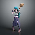 Anime Style Game Character With Teal Hair Purple Dress And Large Spoon Weapon