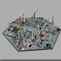 Hexagonal Architectural Construction Model Featuring Cranes Tall Buildings and Scaffolding Structures
