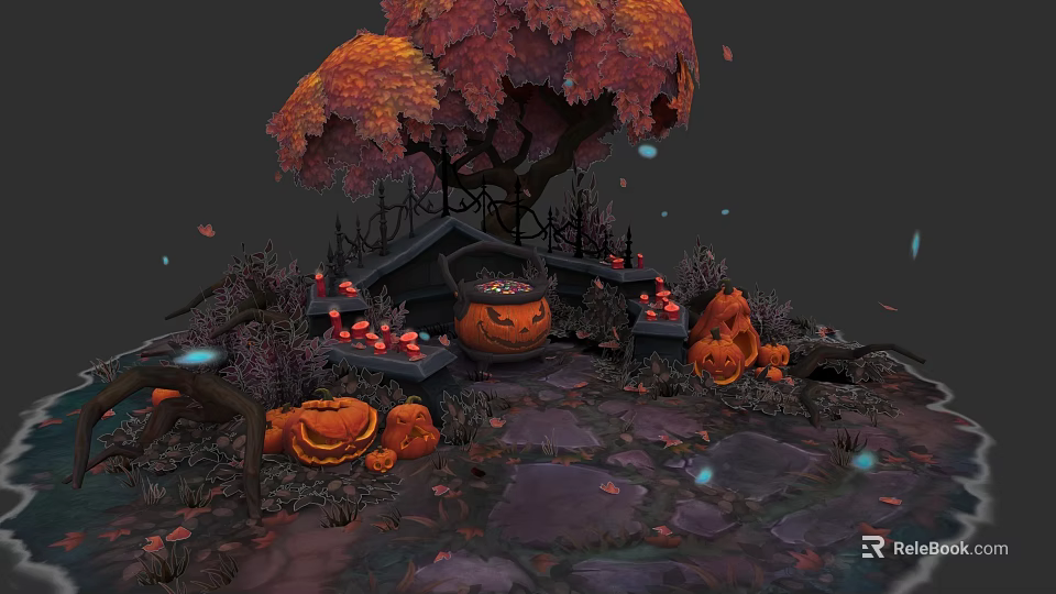 Halloween Themed Plant Painting With Orange Leaf Tree Pumpkins Cauldron And Stone Path 3d model 