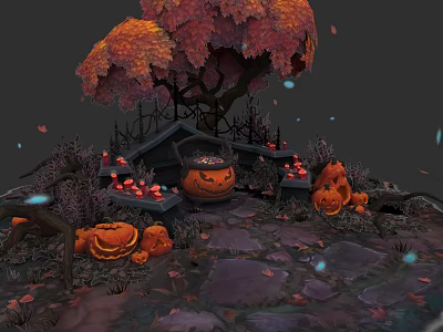 Halloween Themed Plant Painting With Orange Leaf Tree Pumpkins Cauldron And Stone Path 3d model
