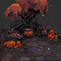 Halloween Themed Plant Painting With Orange Leaf Tree Pumpkins Cauldron And Stone Path