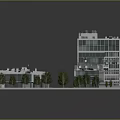 Modern Commercial Building Complex With Various Heights Roof Equipment Green Lawn And Pathway