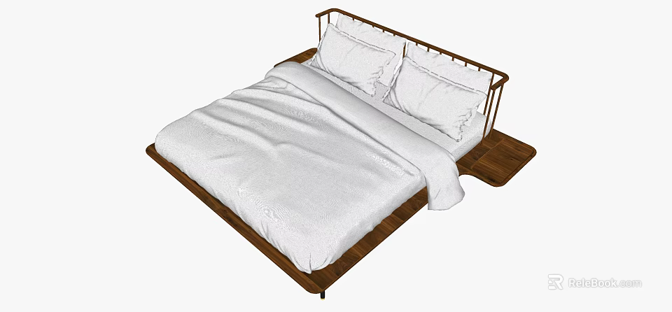 Wooden Double Bed Frame With White Bedding And Two Pillows 3d model 