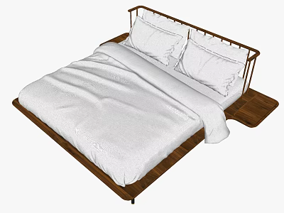 Wooden Double Bed Frame With White Bedding And Two Pillows 3d model